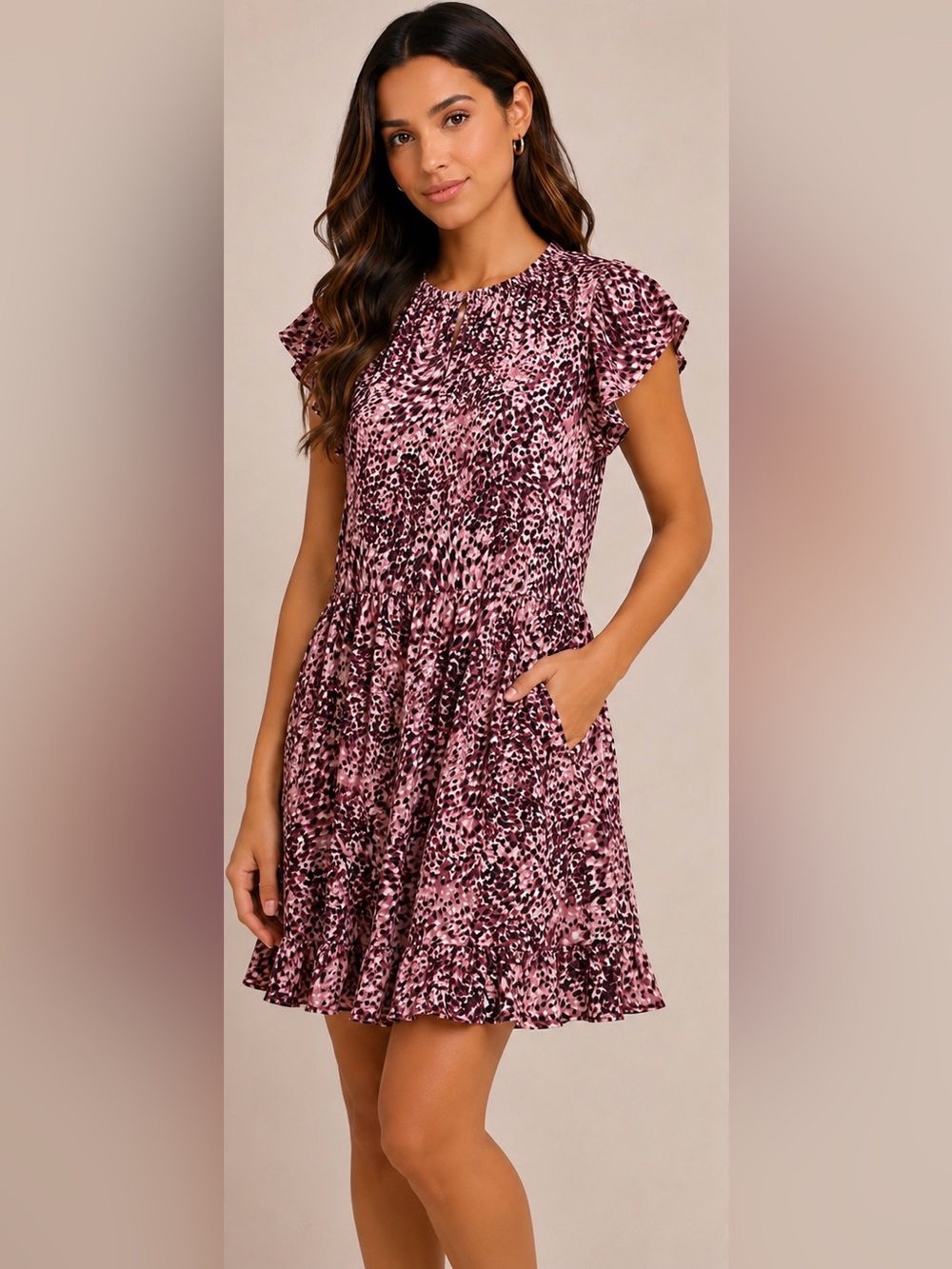 NWT Chelsea 28 Abstract Animal Print Ruffle Mini Dress with Pockets Size Small